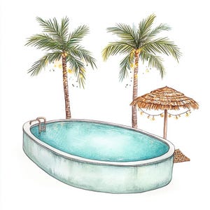 Tropical Pool Clipart – 10 Summer Poolside Scene JPGs – Palm Tree & Pool Art for Crafts and Journaling