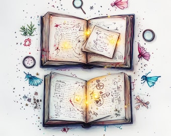 Clipart de livro de feitiços mágicos – 10 JPGs em aquarela de alta resolução – Arte de grimório de fantasia para diários, planejadores e álbuns de recortes