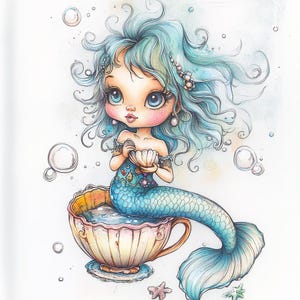 Clipart di sirena da tazza da tè – 10 JPG ad acquerello ad alta risoluzione – Arte stravagante di sirena dell'oceano per scrapbooking e artigianato