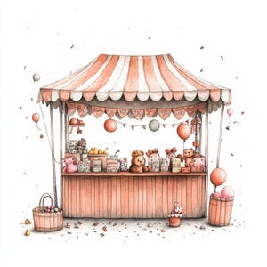 Conjunto de clipart de barraca de mercado caprichoso – 10 JPGs de alta resolução – Cabine fofa em tons pastéis com balões e brinquedos para diários e artesanatos