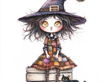 Clipart de bruxa de Halloween caprichoso – 10 JPGs em aquarela de alta resolução – Bruxas fofas para diário, artesanato e adesivos