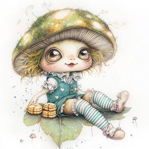 Clipart de Fada Cogumelo Caprichoso – 10 JPGs de Fantasia em Alta Resolução – Arte de Elfo Fofa para Diário de Junk, Scrapbooking