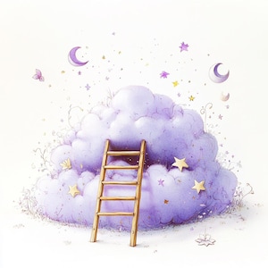 May include: A purple cloud with a wooden ladder leading up to it. The cloud is surrounded by stars and crescent moons.