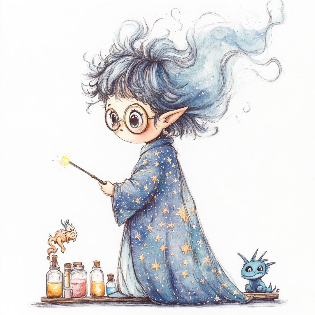 Whimsical Wizard Kid Clipart – 10 High-res Watercolor Jpgs – Magical ...