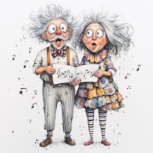 Senior Musik Paar Clipart - 10 hochauflösende Aquarell JPGs - Wunderliche singende Großeltern für Karten & zum Basteln