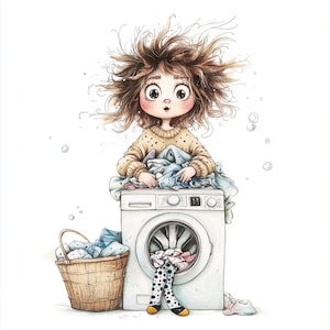 Whimsical Laundry Day Clipart – 10 High-Res Cartoon JPGs – Funny Messy Hair Girl Clip Art for Journaling, Crafts, Scrapbooking