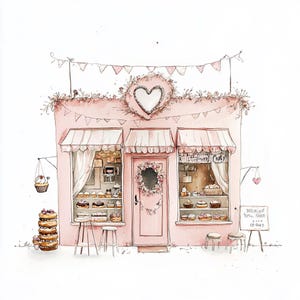 Grillige clipartset bakkerij storefront – 10 hoge resolutie JPG's – schattige roze patisserieillustraties voor tijdschriften en ambachten