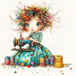 May include: A colorful illustration of a girl with a sewing machine and a pile of buttons and spools of thread. The girl has a whimsical style with colorful hair and a blue dress covered in buttons.
