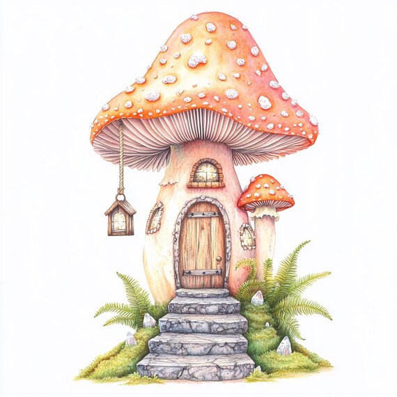 気まぐれなキノコハウスのクリップアート – 水彩画風ファンタジー