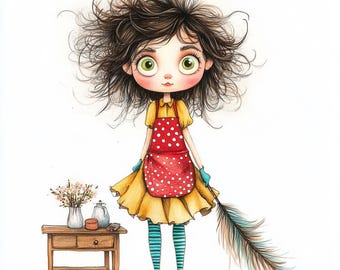 Cute Housework Girl Clipart – 10 Watercolor Chores JPGs – Cleaning, Laundry, Dishes Clip Art for Journaling, Crafts, Stickers