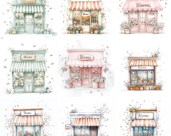May include: Nine watercolor illustrations of flower shops with the word "Blooms" on the storefront. Each shop has a different color scheme and floral arrangement. The shops are surrounded by flowers and greenery.