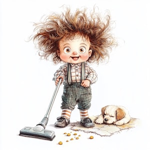 Whimsical Kids Doing Chores Clipart – 10 High-Res Watercolor JPGs – Cute Child Chore Art for Journals, Cards, Crafts