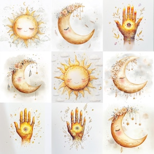 Celestial Boho Clipart Set – 10 High-Res Mystical Watercolor JPGs – Sun Moon Stars Spiritual Clip Art for Journals and Crafts