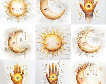 天体ボヘミアンクリップアートセット – 高解像度の神秘的な水彩画JPG 10枚 – 日記や手芸に使える太陽、月、星のスピリチュアルなクリップアート
