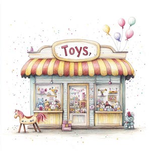 Clipart de loja de brinquedos caprichosos – 10 JPGs de vitrine em aquarela – Arte de brinquedos vintage para diários, cartões, scrapbooking e artesanato