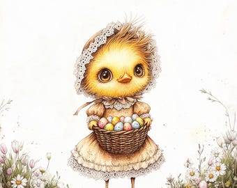 Vintage Easter Chick Clipart – 10 High-Res JPGs – Cute Spring Chick with Eggs for Scrapbooking & Crafts
