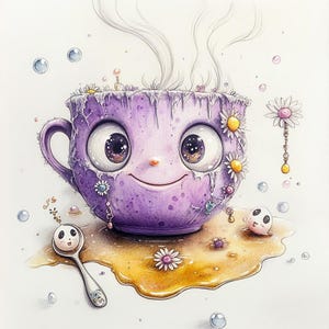 May include: A purple teacup with a smiling face, decorated with flowers and jewels, sits in a pool of yellow liquid.  The teacup has large eyes and a whimsical expression.  There are small white balls with faces in the liquid.