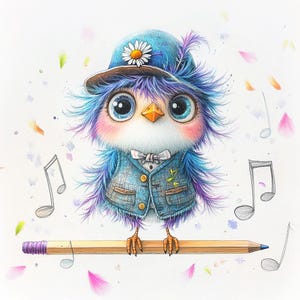 Puede incluir: Un pájaro azul y morado que lleva un sombrero azul con una flor blanca y un chaleco azul con una nota musical. El pájaro está posado en un lápiz amarillo con una goma azul. Hay notas musicales dibujadas en el fondo.