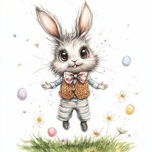 Clipart di coniglietto pasquale stravagante – 10 JPG ad alta risoluzione – Coniglio primaverile vintage con papillon per scrapbooking e artigianato