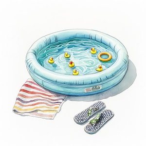 Può includere: Una piscina gonfiabile blu con anatre di gomma gialle che galleggiano nell'acqua. C'è un anello gonfiabile giallo nella piscina. Un asciugamano a righe e un paio di infradito nere e bianche sono a terra accanto alla piscina.