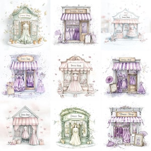 Whimsical Dress Shop Clipart – 10 High-Res Watercolor Boutique Storefront JPGs – Fashion Clip Art for Journals, Cards, Scrapbooking