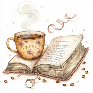 Clipart di caffè e libri accoglienti - 10 JPG ad acquerello ad alta risoluzione - Estetica vintage di lettura e caffè per diari e artigianato