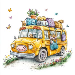 Whimsical Road Trip Bus Clipart – 10 High-Res Watercolor JPGs – Cute Packed Bus Art for Journaling & Crafts