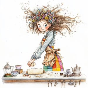 Whimsical Baker Girl Clipart – 10 Watercolor Floral Chef JPGs – Cottagecore Baking Art for Journals, Cards, Scrapbooking