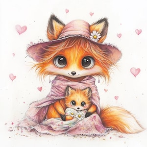 Clipart renard pour la fête des mères - 10 fichiers JPG aquarelle haute résolution - Mignons mamans et bébés renards pour cartes et travaux manuels