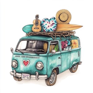 Conjunto de clipart de van de surfe – 10 JPGs em aquarela de alta resolução – Arte retrô de ônibus de praia para artesanato e diário de verão