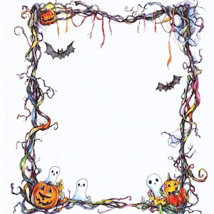 May include: A Halloween-themed illustration featuring a square frame made of twisting, colorful vines. The frame is adorned with jack-o'-lanterns, ghosts, and bats. The artwork has a whimsical, hand-drawn style with a white background.