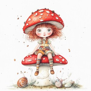 Clipart fille champignon – 10 fichiers JPG aquarelle haute résolution – oeuvre d'art lunatique champignon vénéneux pour travaux manuels d'automne et journaux