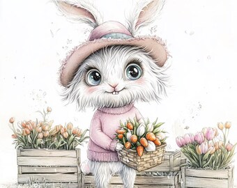 Spring Bunny with Tulips Clipart – 10 High-Res JPGs – Cute Easter Rabbit in Sweater for Floral Crafts & Journals