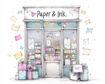 Paper Shop Clipart - 10 hochauflösende JPGs in Aquarell - Skurrile Schreibwaren Ladenfronten für Handwerk & Tagebücher