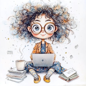Op de afbeelding: Een cartoonillustratie van een meisje met krullend bruin haar dat een bril en een stippenjurk draagt. Ze zit op de grond met een laptop voor zich. Er staat een kopje koffie en een stapel notitieboekjes naast haar.