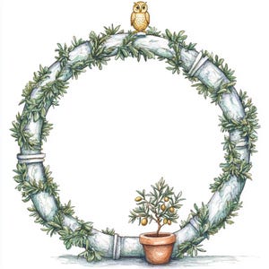 May include: Watercolor illustration of a circular garden archway with a small potted olive tree and a perched owl. The arch is adorned with green foliage and has a weathered, stone-like appearance. The owl is a warm brown color.