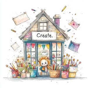 以下が含まれることがあります： 「Create」と書かれた看板のある小さな店の水彩画。店は絵筆、絵の具、紙など、美術用品でいっぱい。小さな毛むくじゃらの生き物が、絵筆を手に店先に立っている。