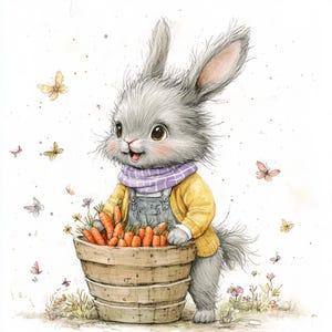 Ensemble de cliparts lapin printanier avec carottes – 10 fichiers JPG haute résolution – Lapin fantaisiste en salopette pour travaux manuels et journaux