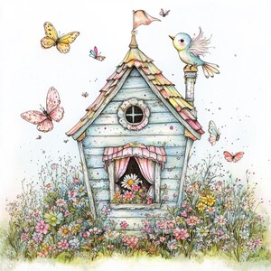 Clipart de nichoir fantaisiste – 10 fichiers JPG aquarelle haute résolution – Art Cottagecore du jardin printanier pour la journalisation, les travaux manuels et le scrapbooking