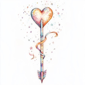May include: A colorful heart-shaped arrow with a ribbon wrapped around the shaft. The arrow is surrounded by a scattering of stars in various colors.