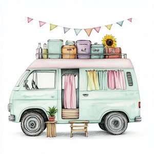 Wunderliche Camper Van Clipart - 10 Aquarell JPGs für Wohnwagen / Wohnwagen - Gemütliche Camping Art für Journals, Karten, Scrapbooking, Basteln