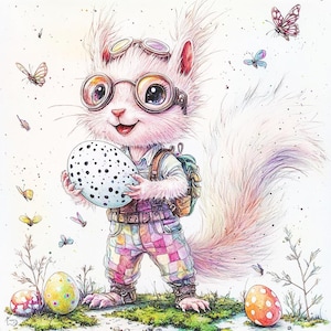 May include: A white, cartoon squirrel wearing goggles and a patchwork outfit holds a speckled egg. The squirrel has a backpack and a fluffy tail. The background is white with small, colorful butterflies.