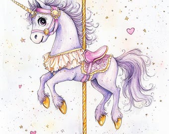 Carousel Unicorn Clipart – 10 High-Res Watercolor JPGs – Magical Pastel Horse Art for Scrapbooking & Crafts