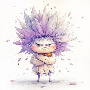 Clipart de criaturas fantásticas gruñonas: 10 imágenes JPG de personajes melancólicos en acuarela. Divertido clip art de estilo cottagecore oscuro para diarios y manualidades.