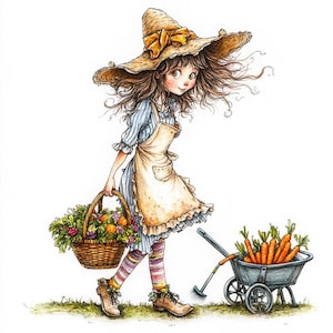 Clipart de niña jardinera caprichosa: 10 JPG de acuarela de alta resolución. Imágenes prediseñadas de niños de jardín adorables para diario, manualidades y scrapbooking.