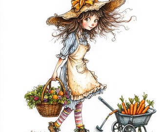 Whimsical Gardening Girl Clipart – 10 High-Res Watercolor JPGs – Cute Garden Kids Clip Art for Journaling, Crafts, Scrapbooking