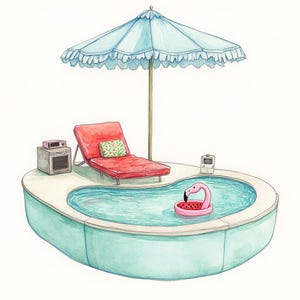 May include: A blue and white striped umbrella shades a red lounge chair next to a kidney-shaped pool with a pink flamingo float. A small radio sits on the edge of the pool deck.