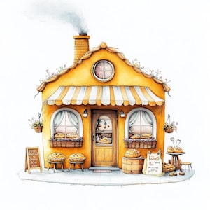 Ensemble de clipart boulangerie confortable – 10 fichiers JPG aquarelles haute résolution – oeuvres d'art fantaisistes de boutique de pain pour carnets et travaux manuels indésirables