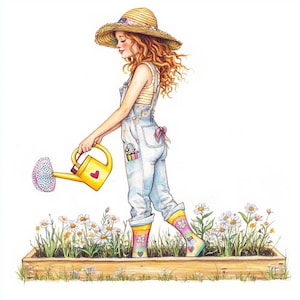 Whimsical Chores Clipart – 10 High-Res Watercolor JPGs – Cozy Cottagecore Girls for Crafts, Journals, Scrapbooking
