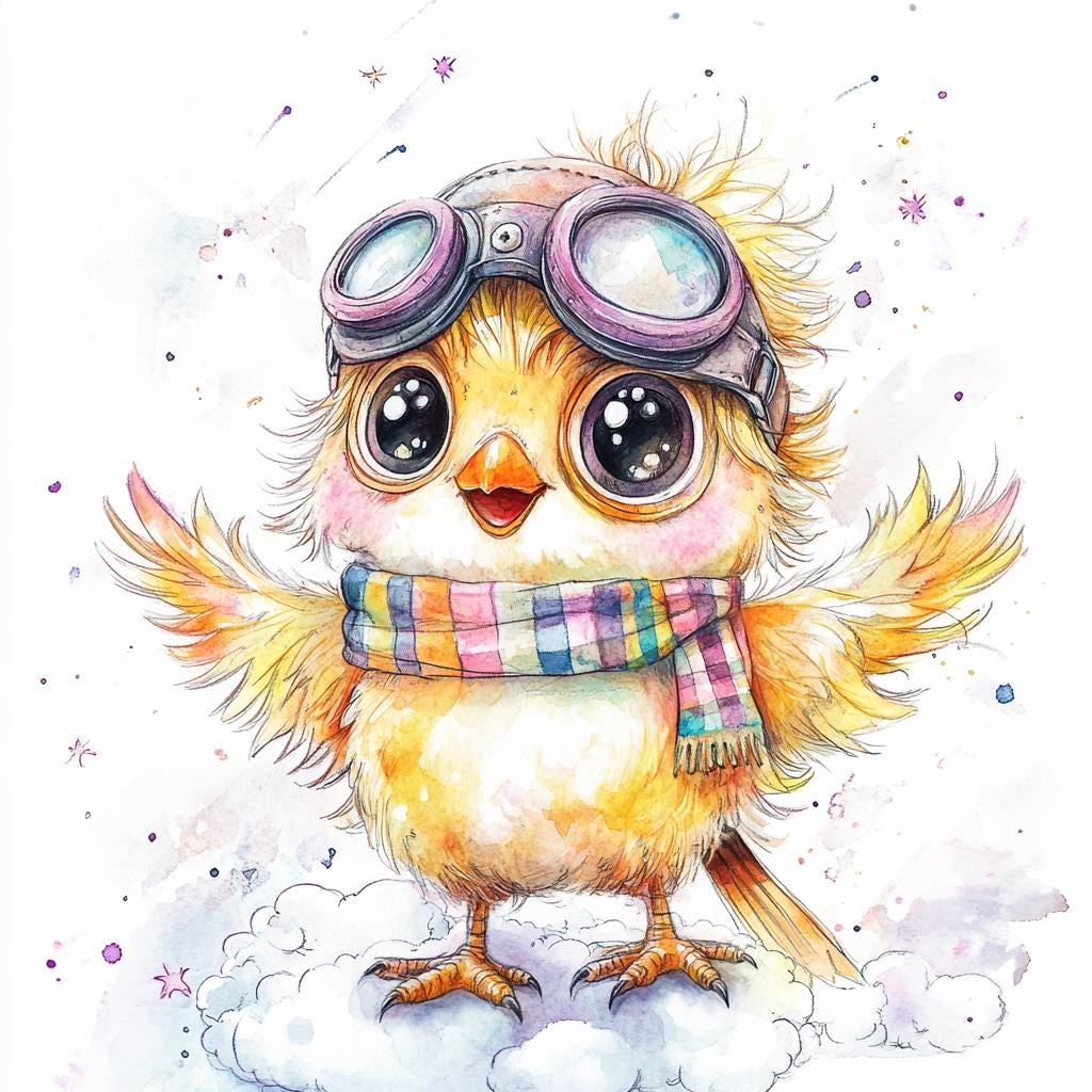 Aviator Bird Clipart – 10 High-res Watercolor Jpgs – Cute Flying Chick ...